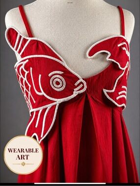 Commense Koi Appliqué Artwear Midi Dress Red Cotton Blend NWT L